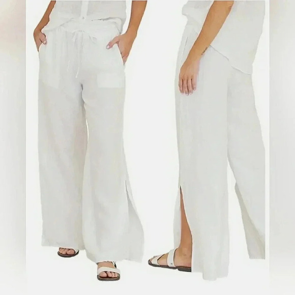 Boho 2XL White Linen Wide Leg Pockets Drawstring Shabby Chic New - Picture 1 of 7